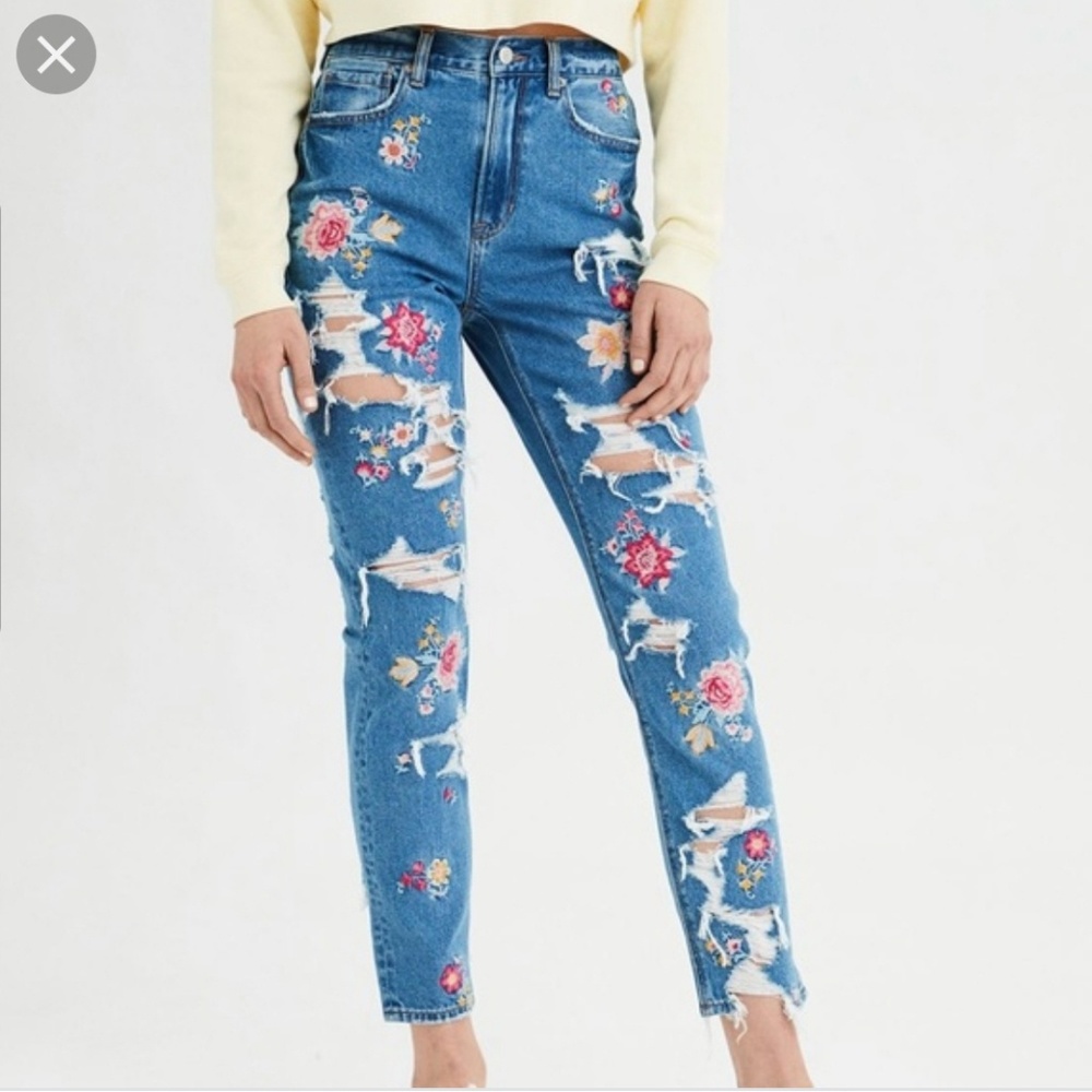 AEO distressed floral embroidered indigo mom Jean